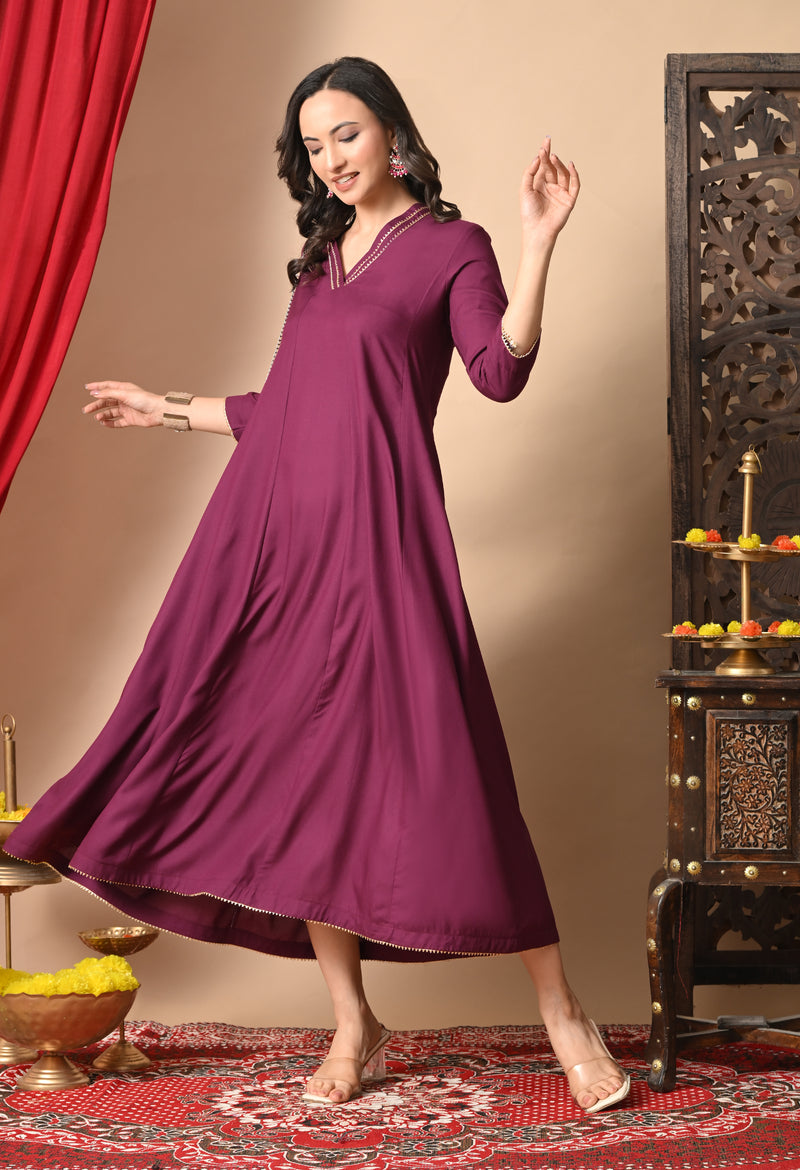 Wine Anarkali With Champa Lace