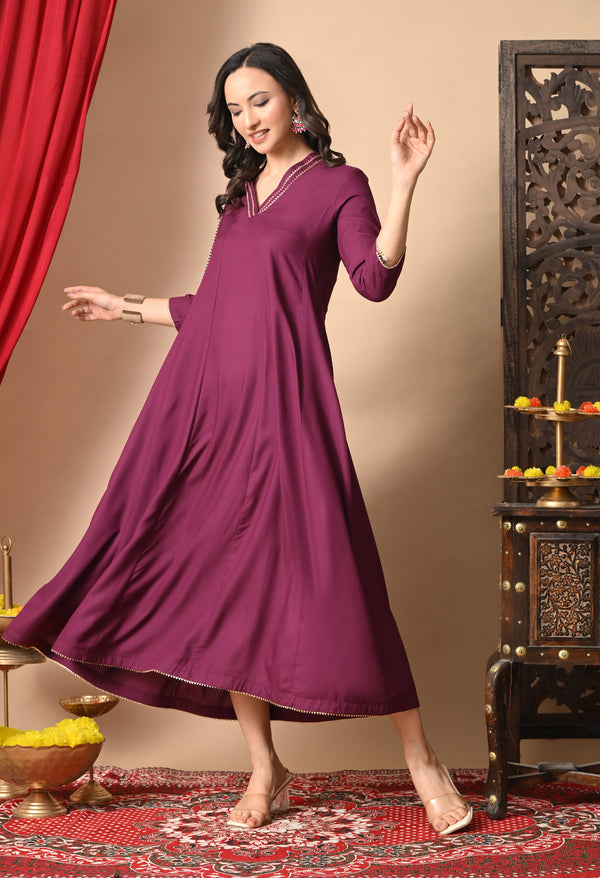 Wine Anarkali With Champa Lace