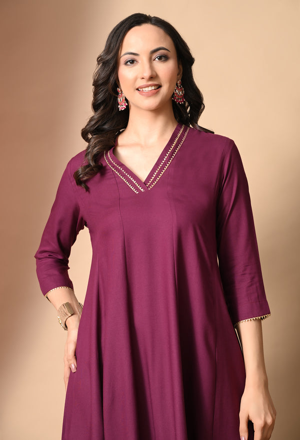 Wine Anarkali With Champa Lace