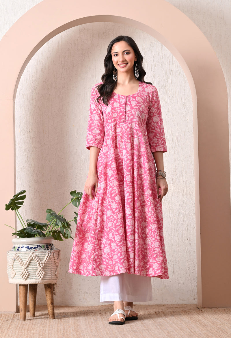 Hand Block Anarkali Kurta With Pant