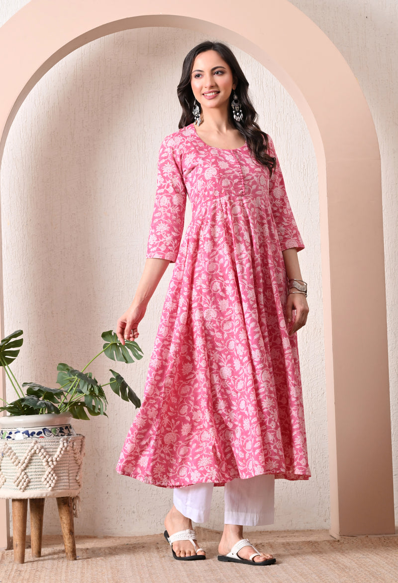Hand Block Anarkali Kurta With Pant