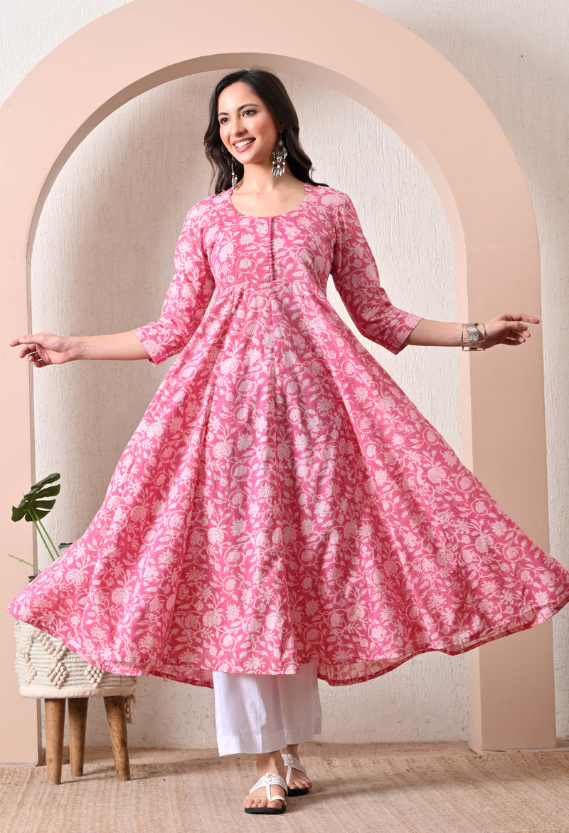 Hand Block Anarkali Kurta With Pant
