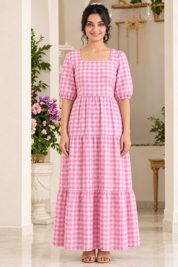 Pink Gingham Long Dress