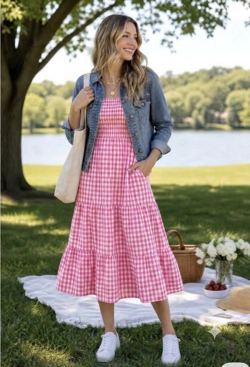Pink Gingham Long Dress