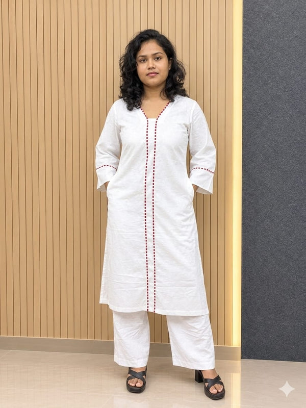 White Glass Cottan Suit With Papin