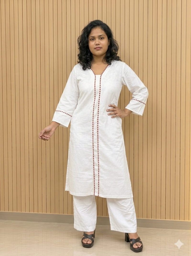 White Glass Cottan Suit With Papin