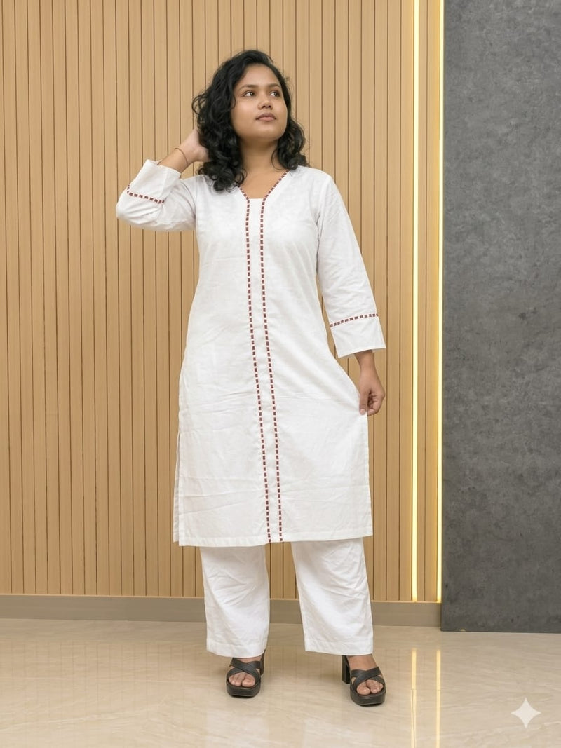 White Glass Cottan Suit With Papin
