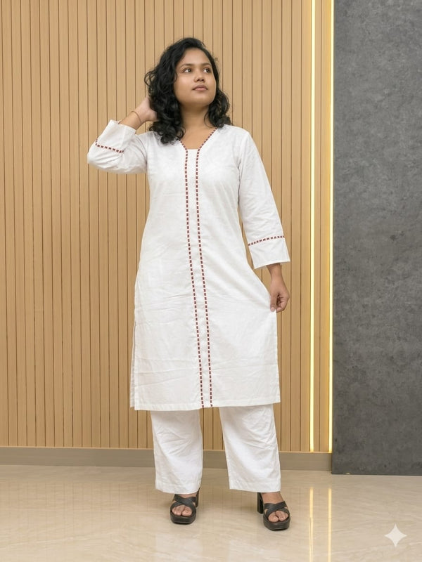 White Glass Cottan Suit With Papin