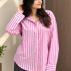 Product Title: Pink & White Striped Button-Down Shirt for Women