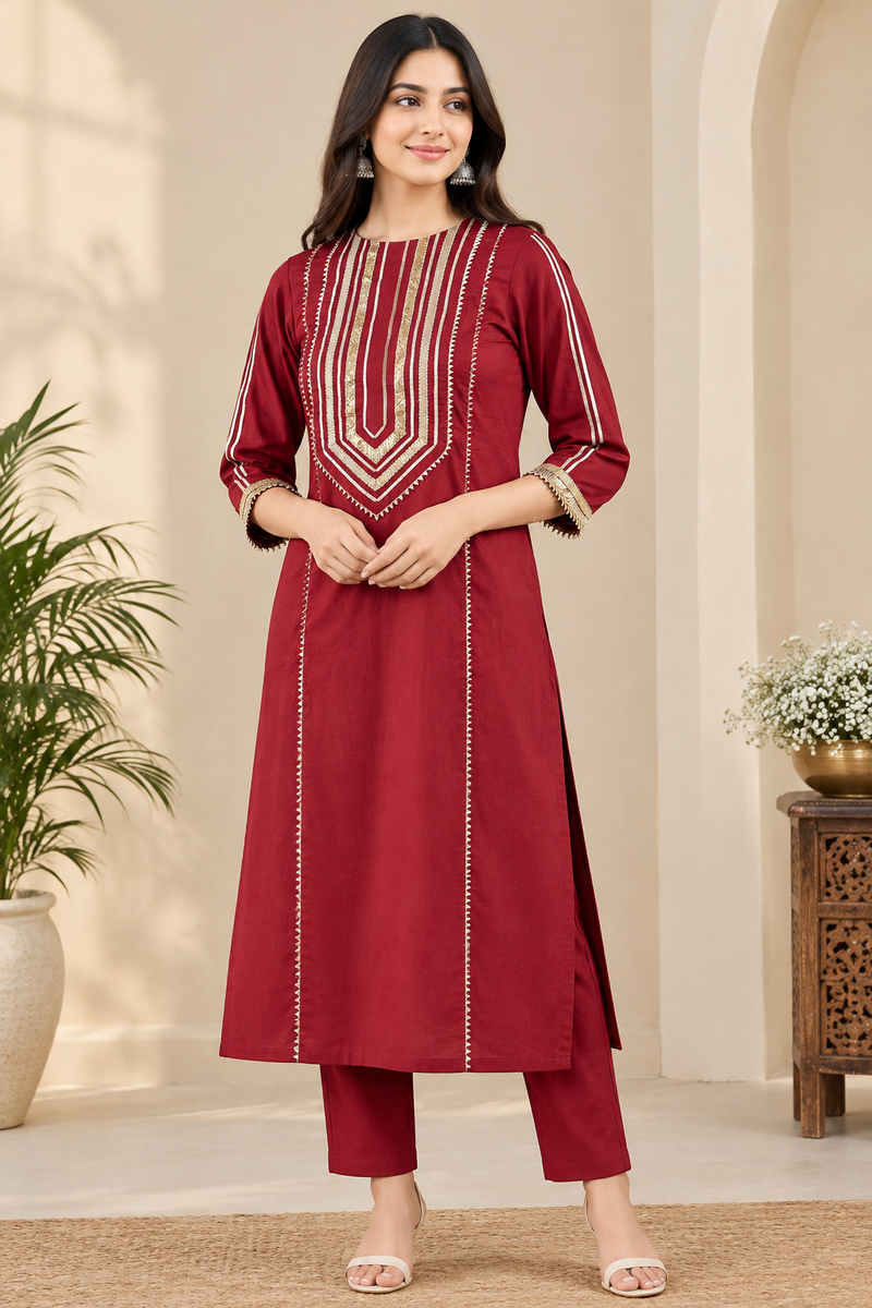 Maroon Gold Gota Patti Straight Suit with Dupatta