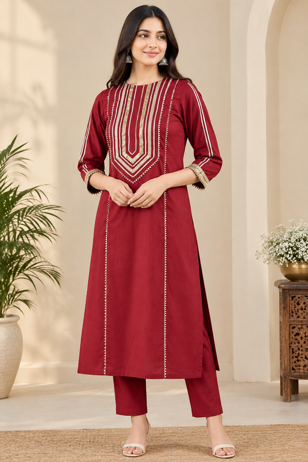 Maroon Gold Gota Patti Straight Suit with Dupatta