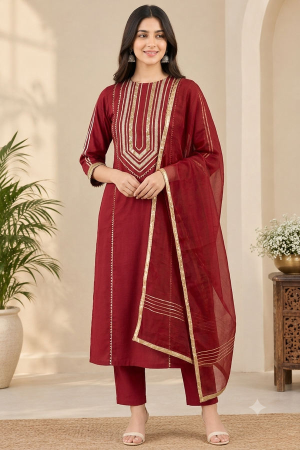 Maroon Gold Gota Patti Straight Suit with Dupatta