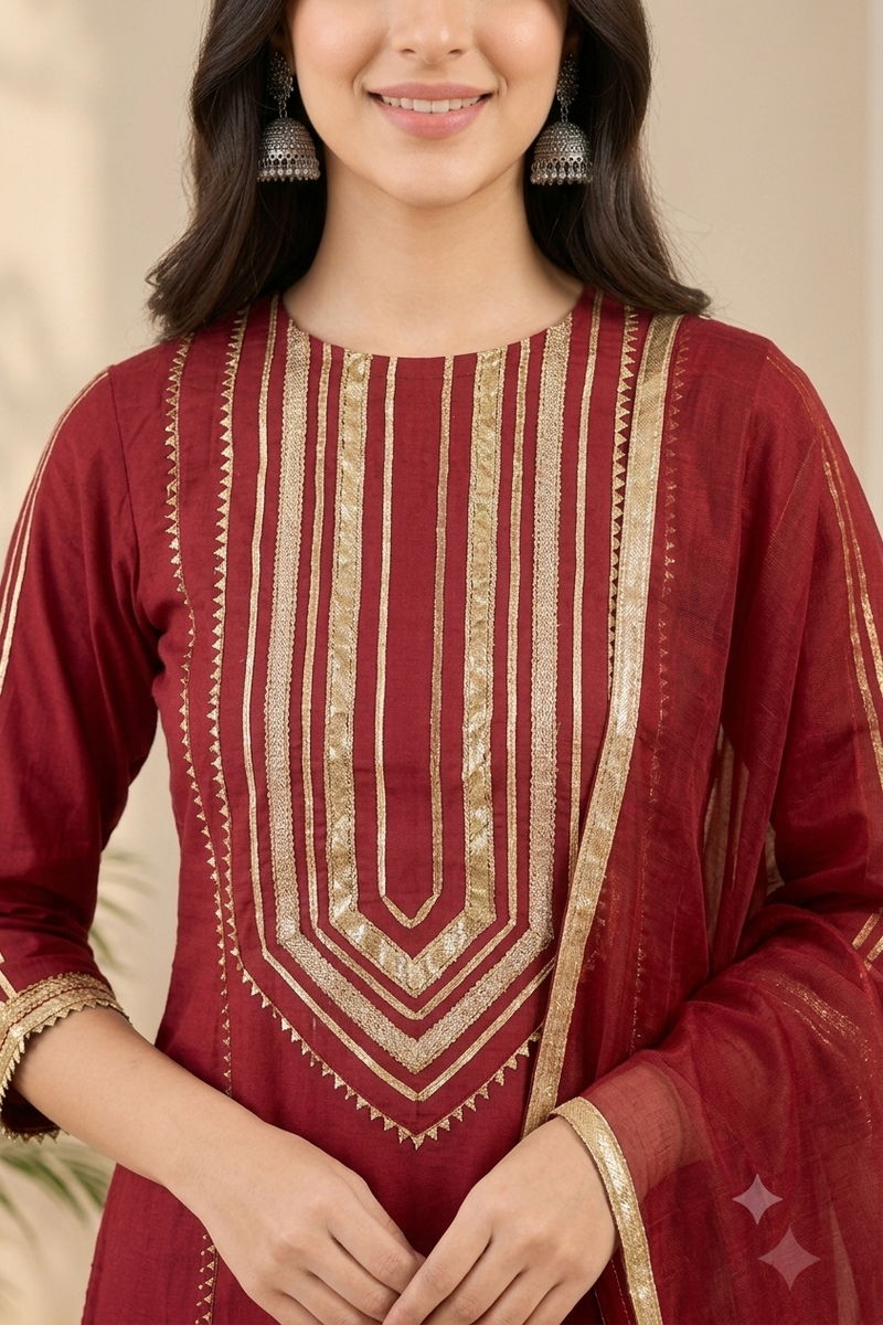 Maroon Gold Gota Patti Straight Suit with Dupatta