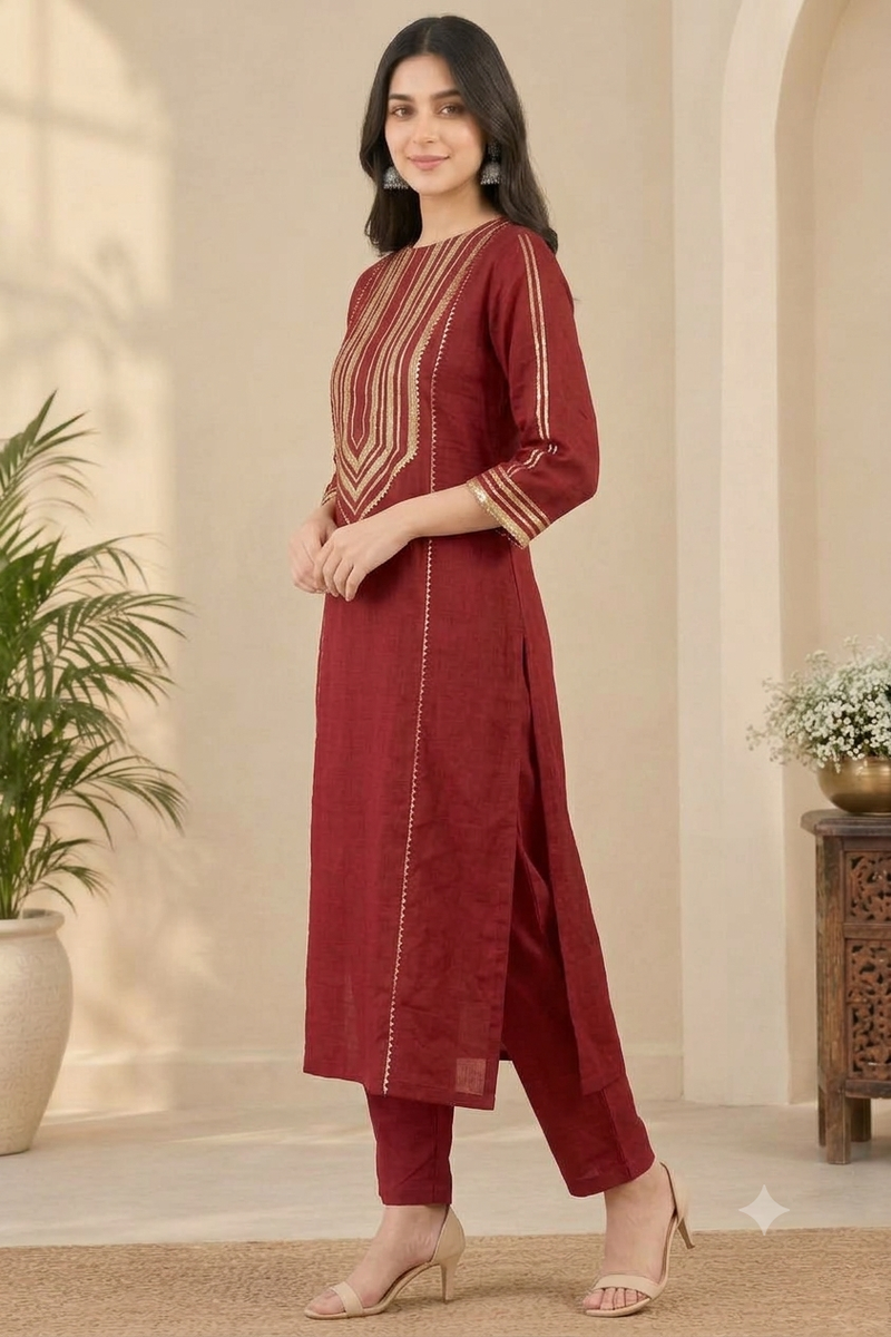 Maroon Gold Gota Patti Straight Suit with Dupatta