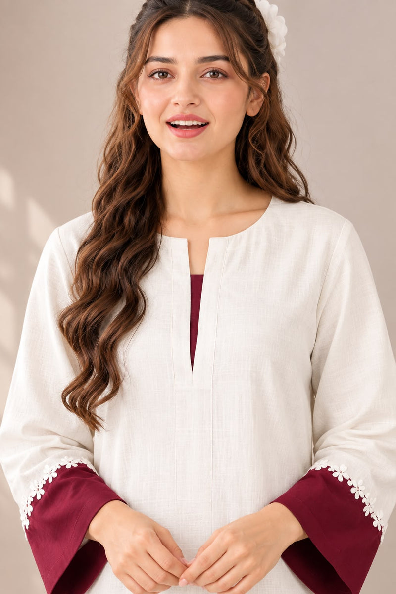 Creem & Maroon Floral Lace kurta Pant Set