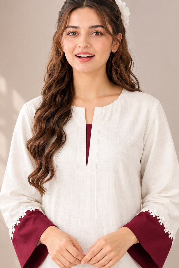 Creem & Maroon Floral Lace kurta Pant Set