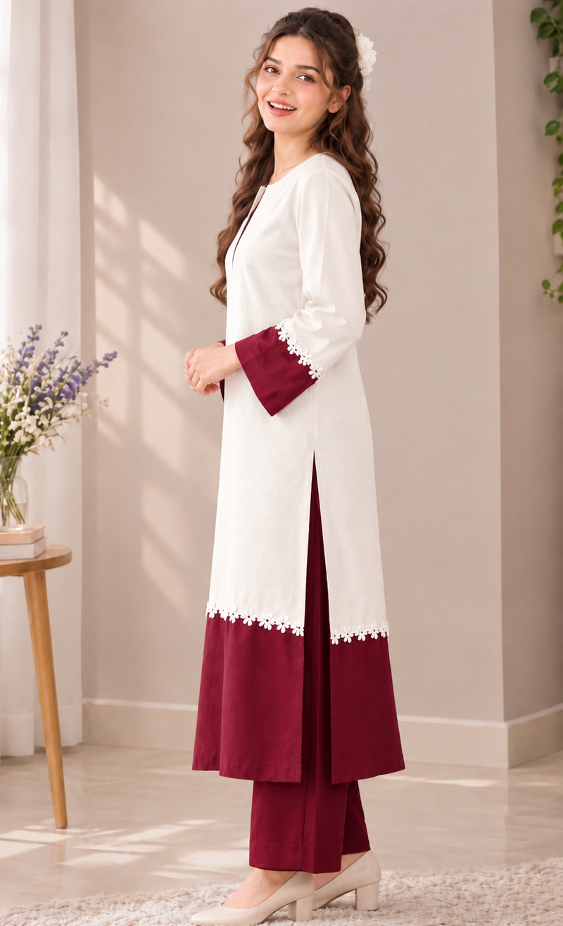 Creem & Maroon Floral Lace kurta Pant Set