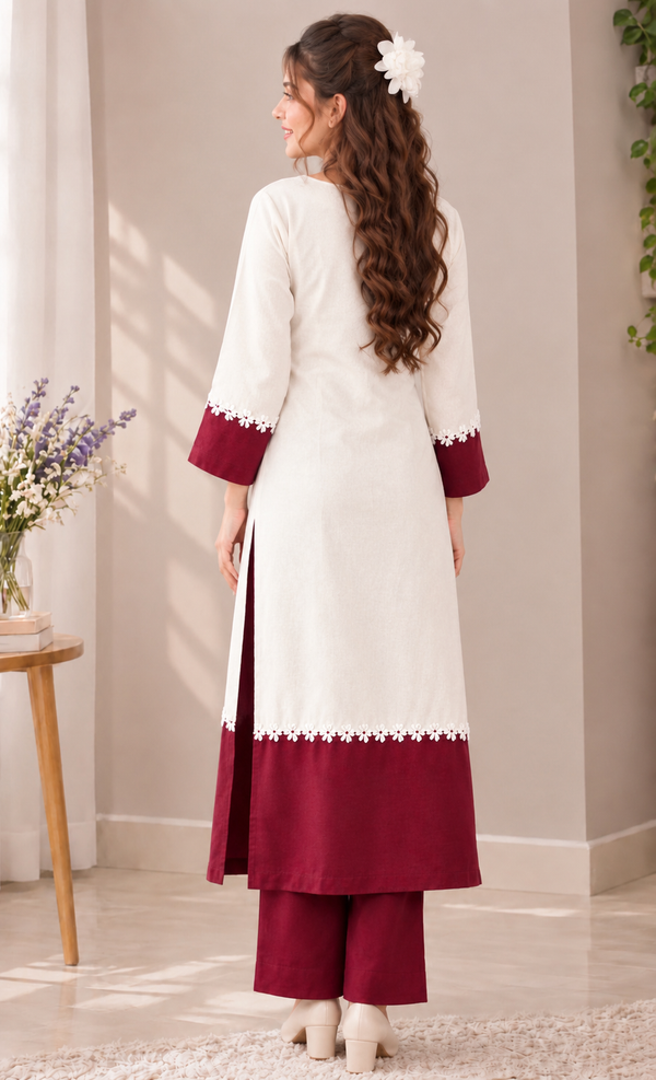 Creem & Maroon Floral Lace kurta Pant Set