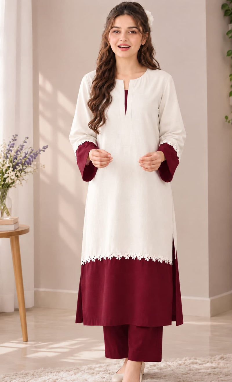 Creem & Maroon Floral Lace kurta Pant Set