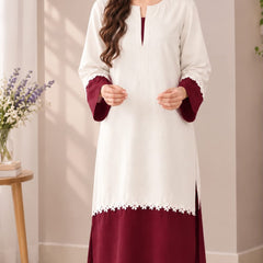 Creem & Maroon Floral Lace kurta Pant Set